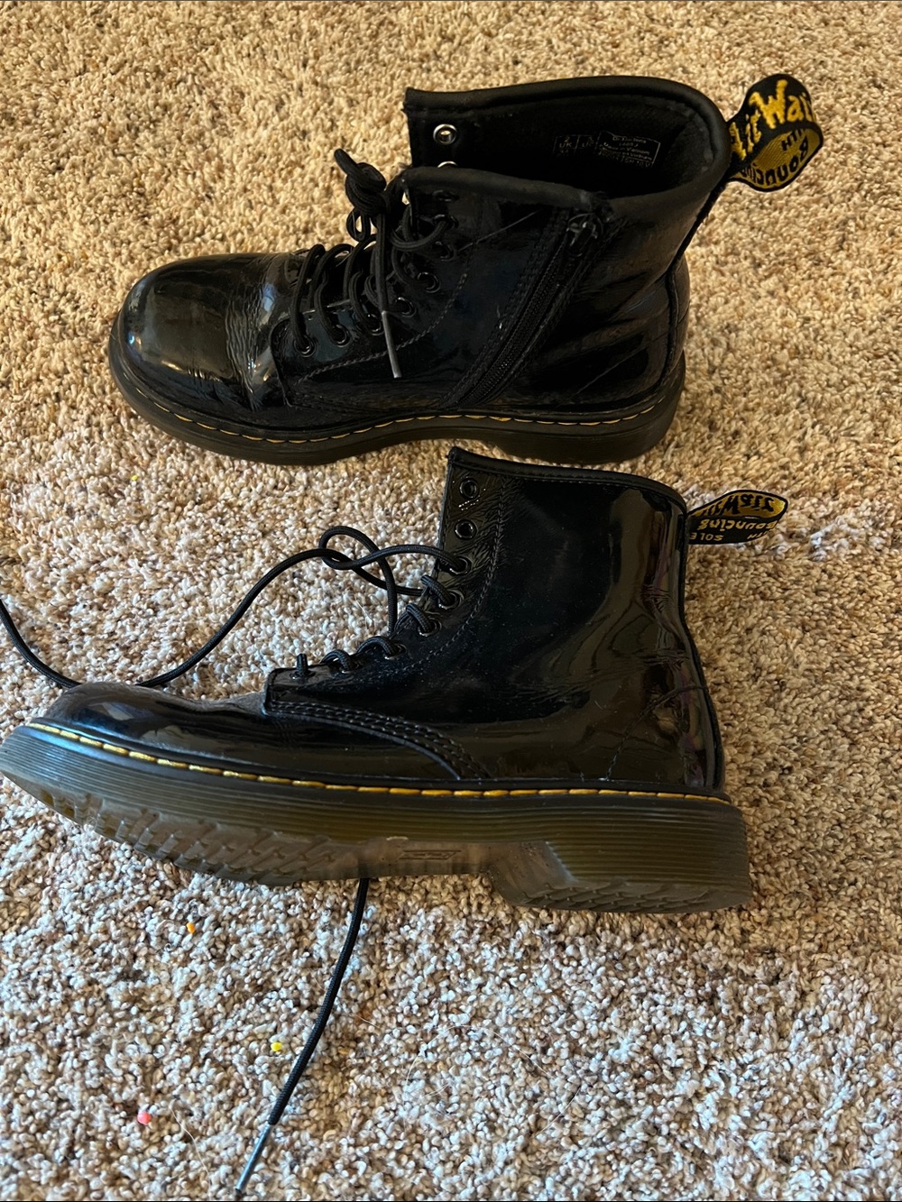 Dr. Martens Black Patent 8-Eye Lace-Up Boots with Yellow Stitching